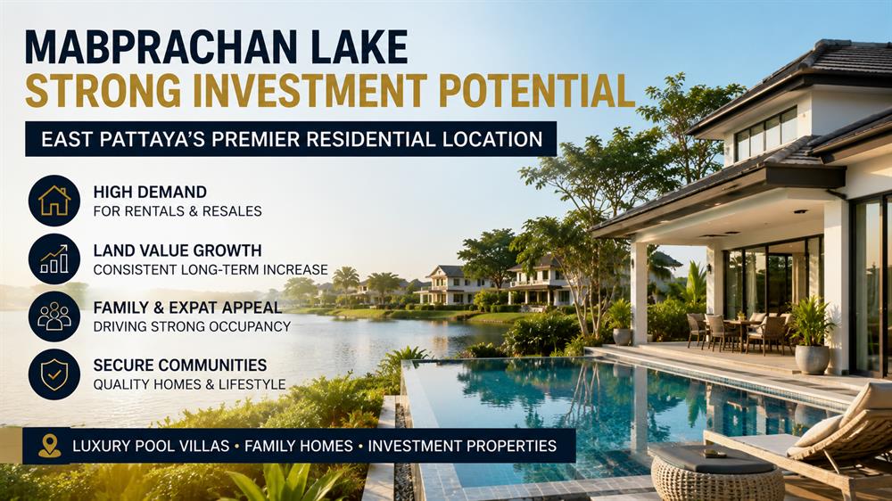 Luxury pool villas and investment properties surrounding Mabprachan Lake in East Pattaya.